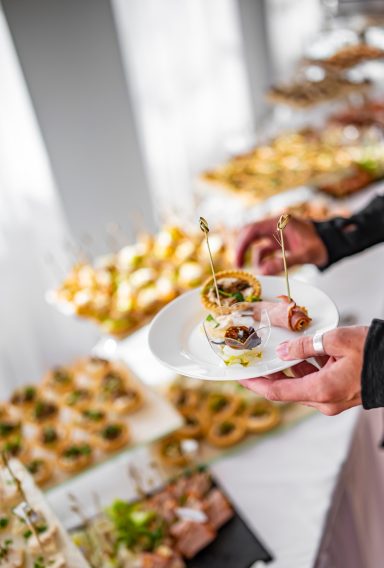 Ein Teller mit feinen Häppchen, gehalten von einer Hand, im Vordergrund ein Buffet.